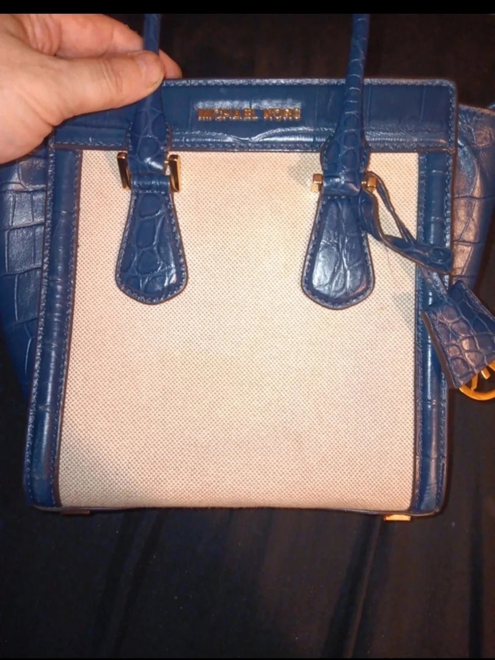 Michael Kors Beige Canvas and Dark Blue Croc Embossed Leather Crossbody Satchel